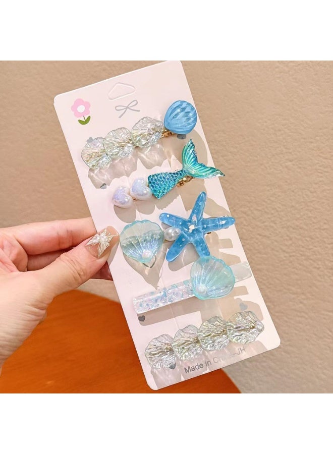 CLENEA 5 Pieces Starfish Seashell Hair Clips, with Sequin Duck Beak Clips, Beach Ocean Hair Accessories, Non-Slip and Non-Hair Damage, for Women and Girls, Blue - Image 1